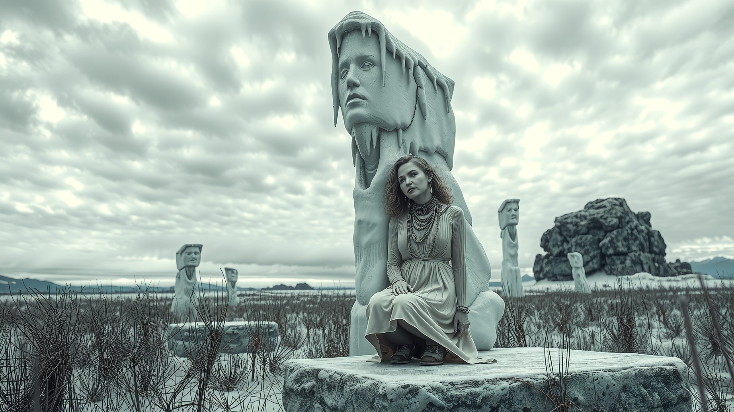 Mysterious Woman Amid Stone Heads