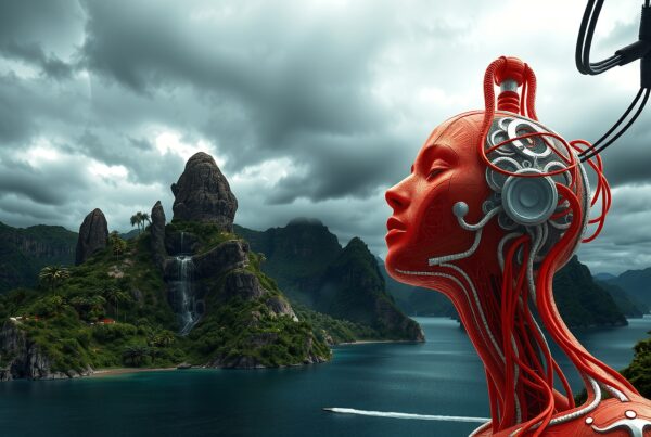 Futuristic scene with red robotic head and lush landscape, highlighting nature-technology contrast.