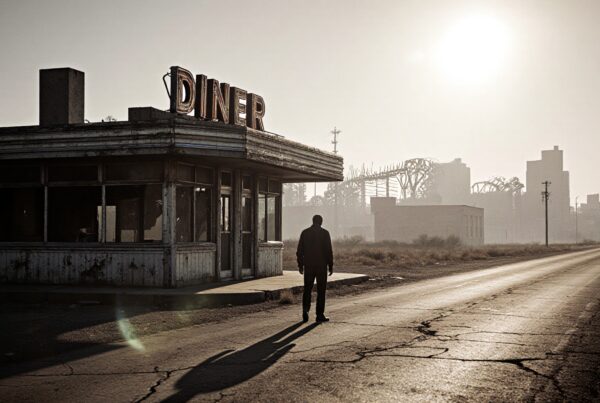 A lone figure stands beside an abandoned diner with a deserted landscape in the background.
