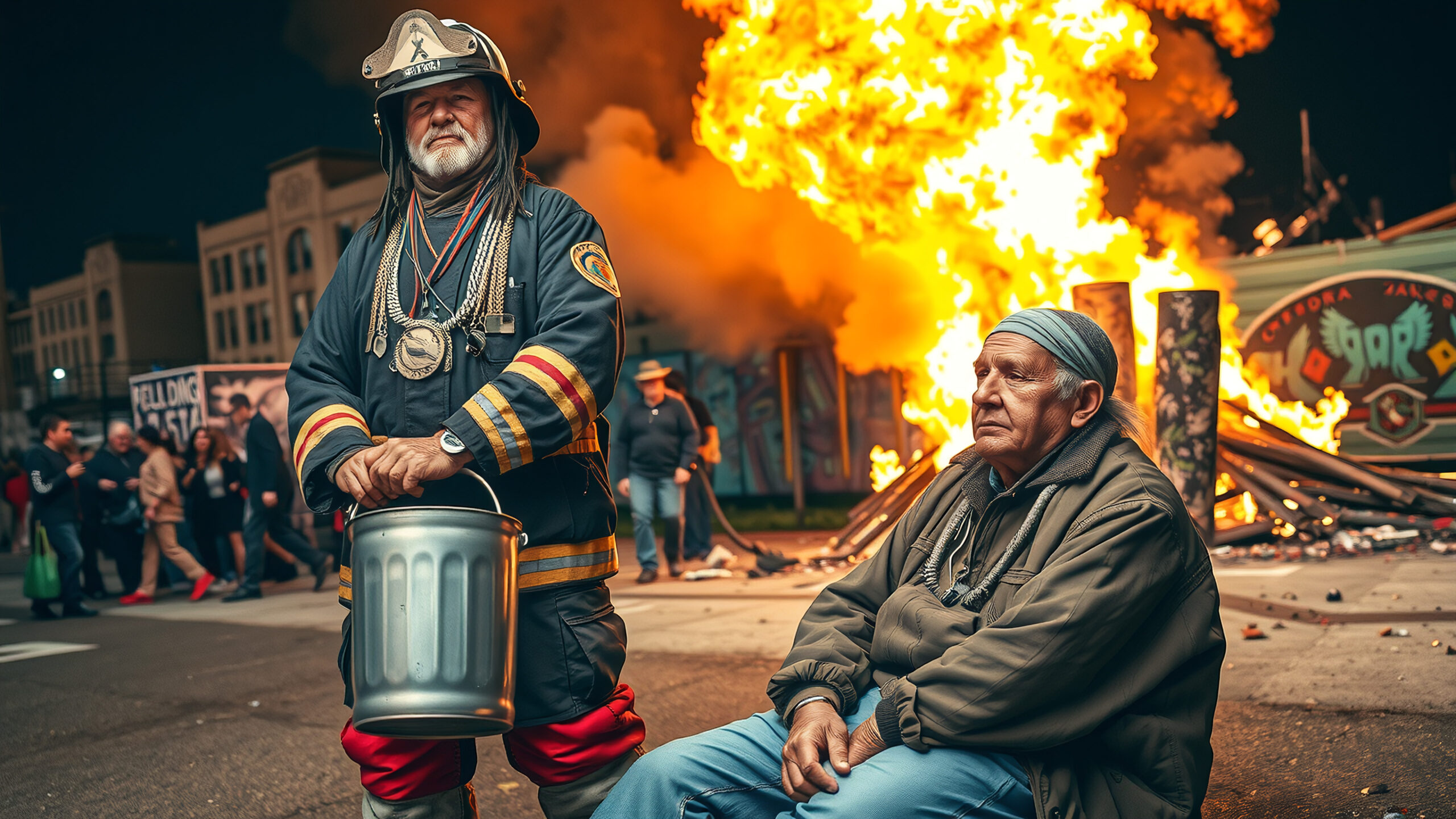 Firefighter and Elder Amid Urban Fire at Night