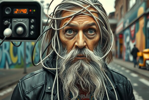 An elderly man entangled with wires stands in an urban graffiti setting, embodying a mix of technology and art.