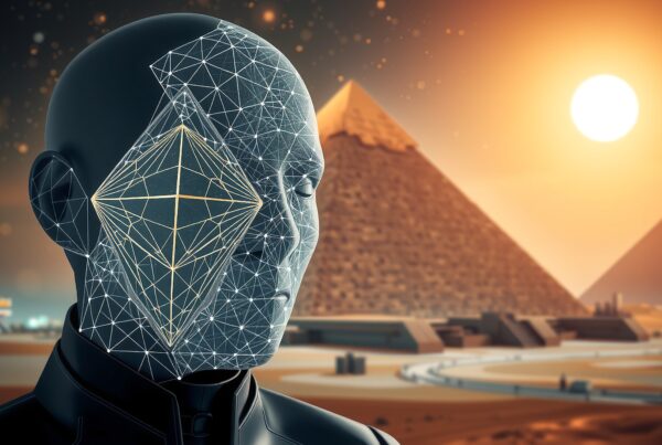 Futuristic digital figure with pyramids in Egyptian sunset atmosphere.