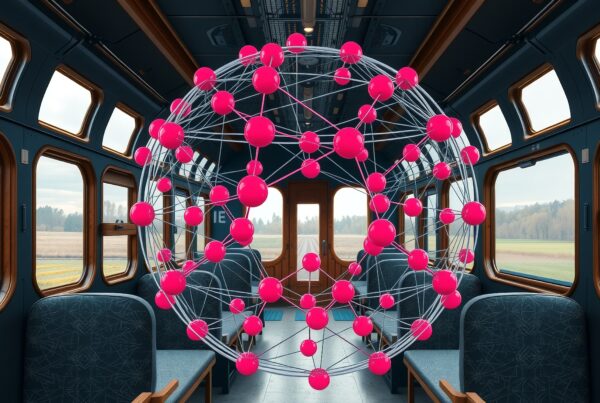 A surreal geometric structure with pink spheres floats inside an empty train car, contrasting with the rustic countryside view.