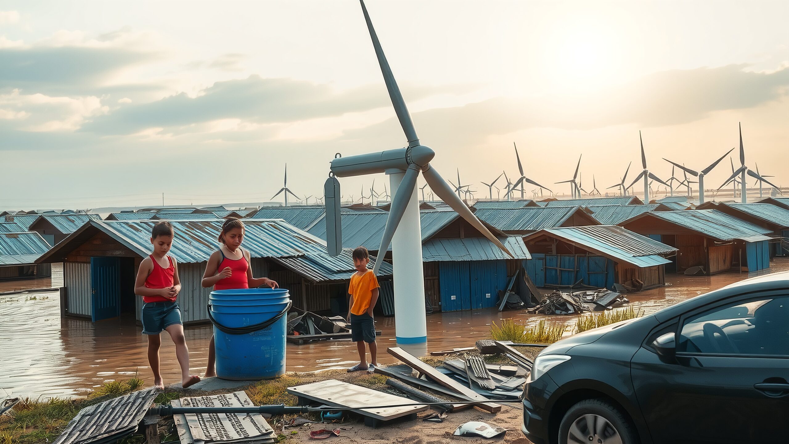 Children Amidst Flood and Turbines