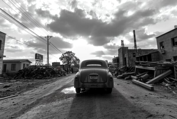 Black and white image of a vintage car on an abandoned industrial street with dramatic clouds overhead.