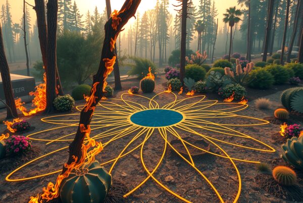 Dazzling geometric pattern amidst forest under glowing sunrise, with mystical flames and diverse plant life accentuating the enchanting scene.