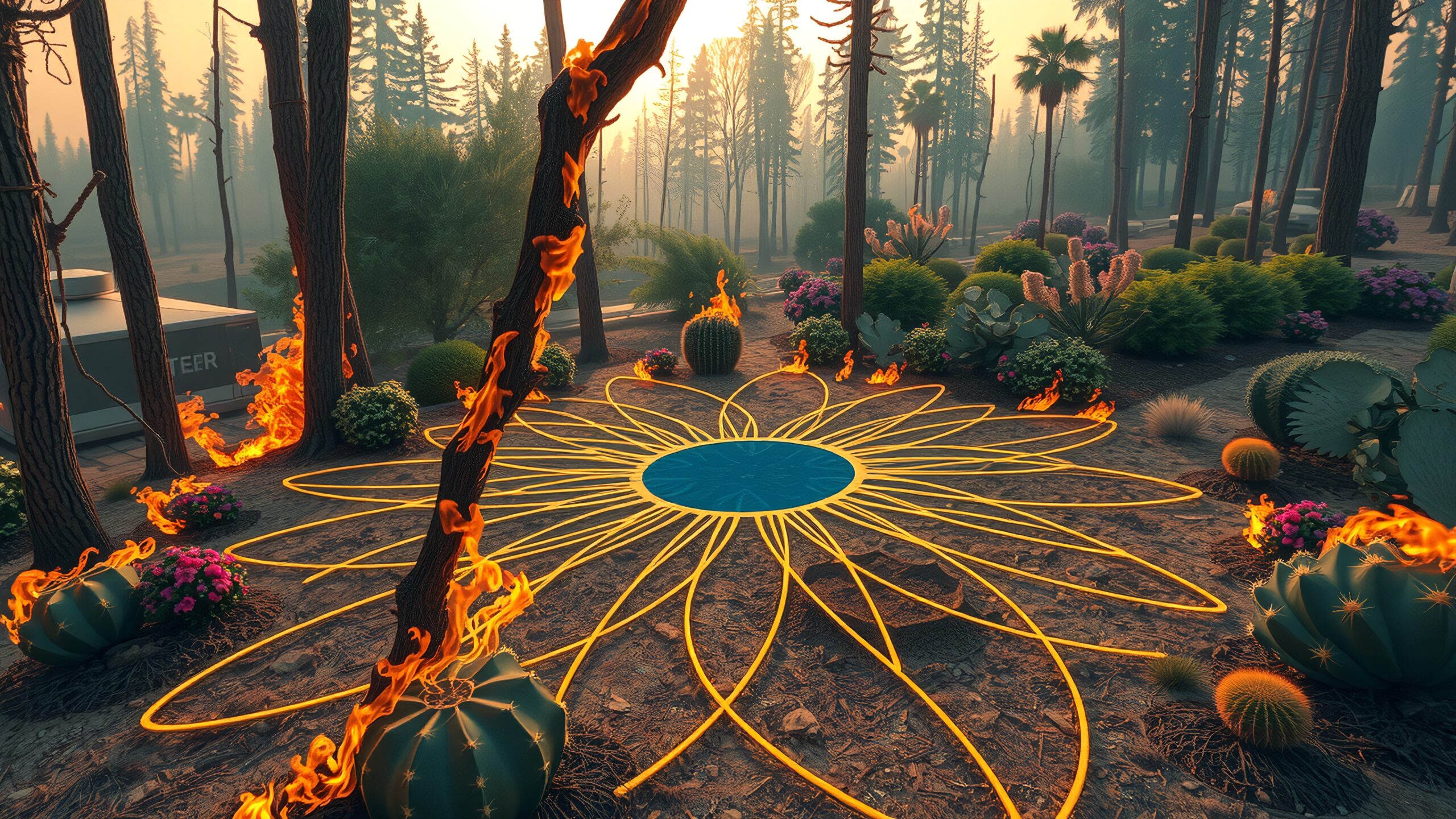 Fiery Sunrise Magical Forest Scene