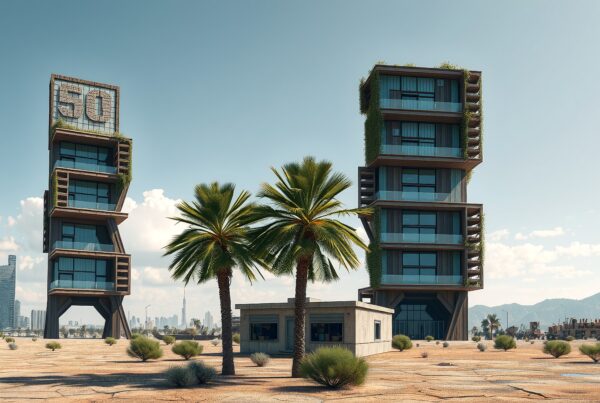 Futuristic desert landscape with modern towers, palm trees, and city skyline.