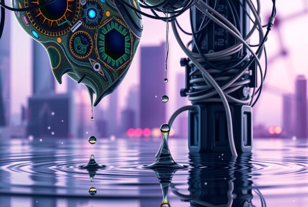 Futuristic biomechanical object above cityscape reflecting in liquid surface.