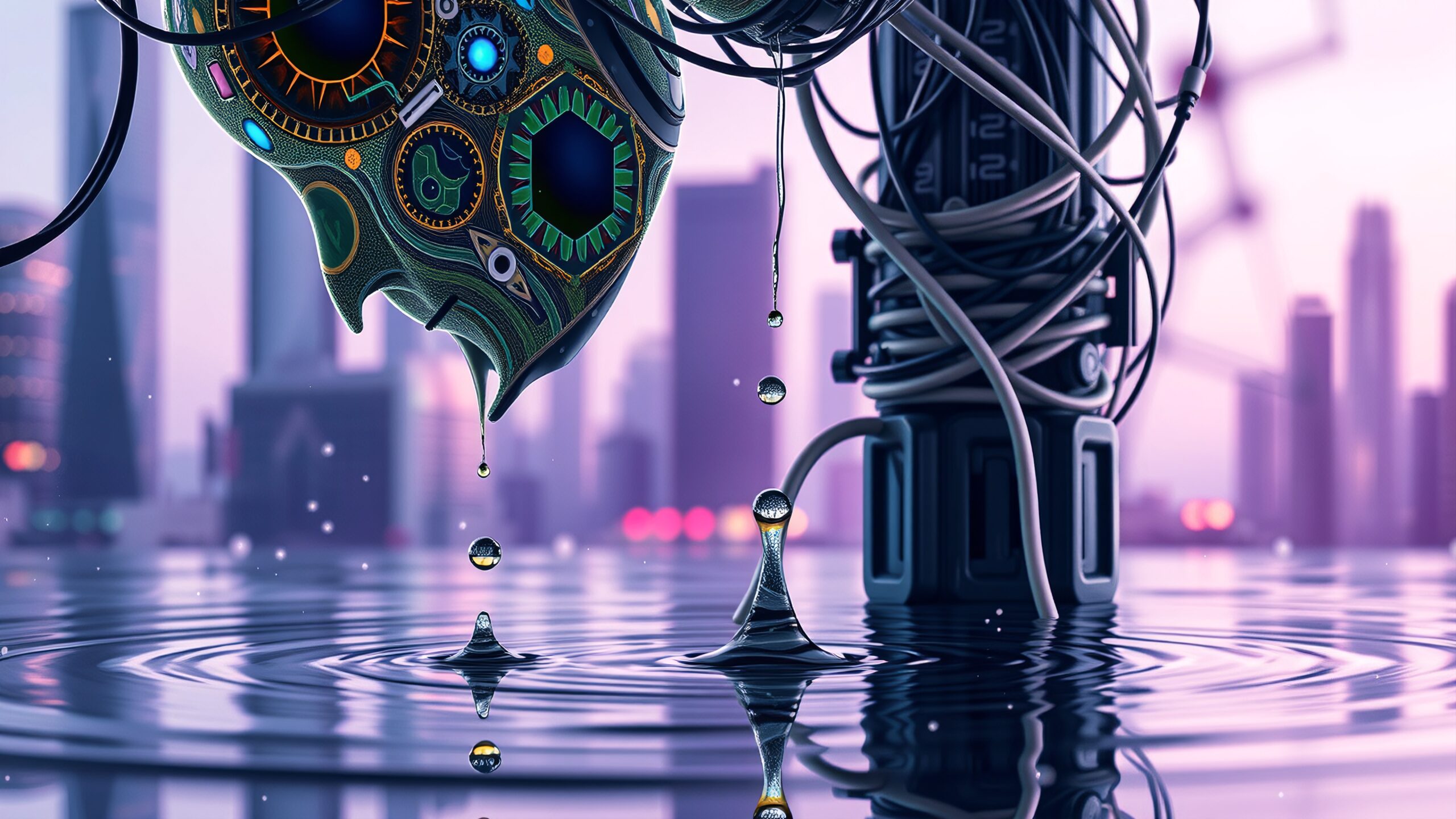 Futuristic Biomechanical Cityscape Reflections