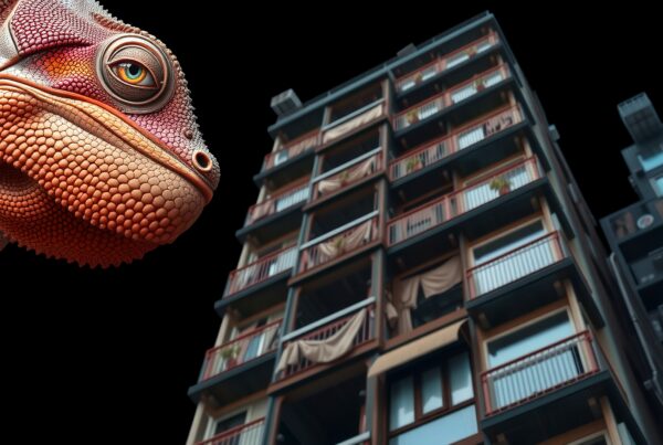 A massive lizard appears alongside an urban building in a surreal scene.