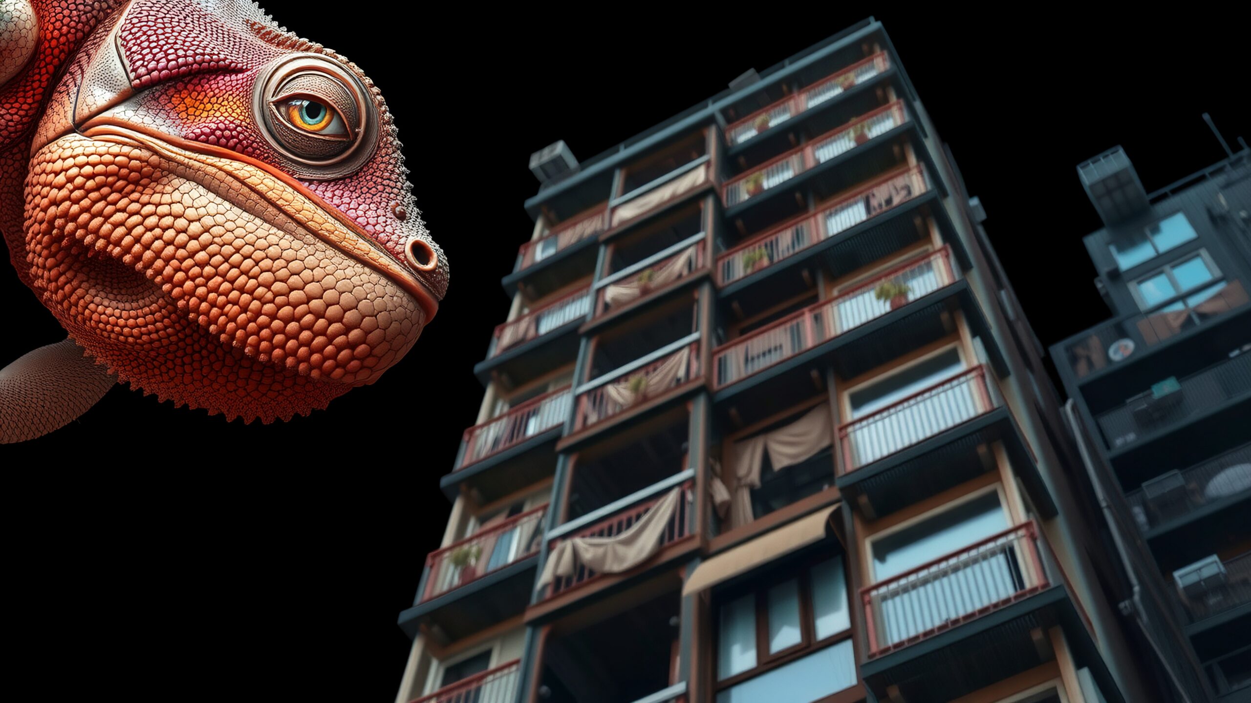 Gigantic Lizard Over Urban Building