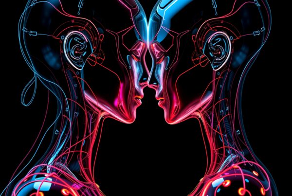 Futuristic humanoid figures in neon hues, showcasing advanced cybernetic design.