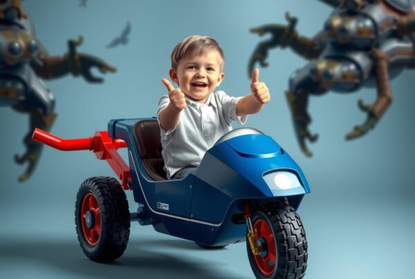 A smiling child on a blue toy motorcycle gives thumbs up with flying mechanical creatures behind.