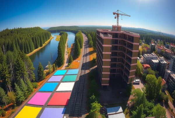 A colorful landscape with a building, river, trees, and vibrant ground patches under a clear sky.