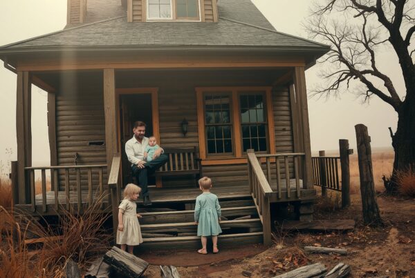 A father with three children on a rustic house porch under a sunny, hazy sky.
