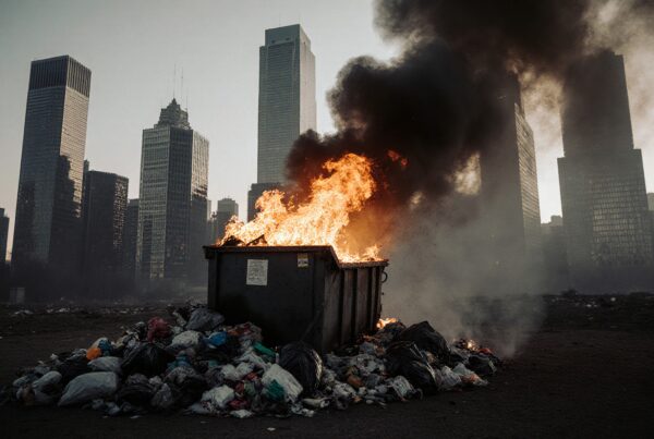 A dumpster fire emits flames and smoke against a city backdrop.