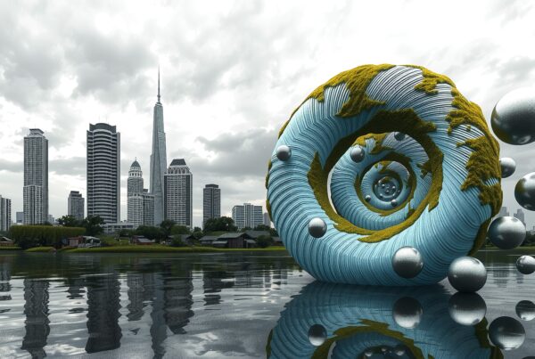 A surreal cityscape featuring a futuristic skyline and an abstract spiral sculpture with metallic spheres.