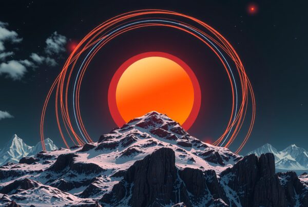 Surreal landscape of snow-capped mountains with a giant glowing sphere and concentric rings.