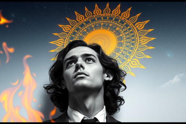 A young man gazes upward, surrounded by a radiant sun and fiery flames, against a starry sky.