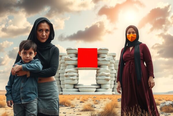 A woman and child stand in a desert landscape, highlighted by a dramatic sky and an abstract stone structure.