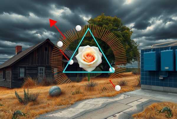 A rustic house sits beside blue panels under a dramatic sky, accented by geometric art and a central rose, blending nature with modernity.