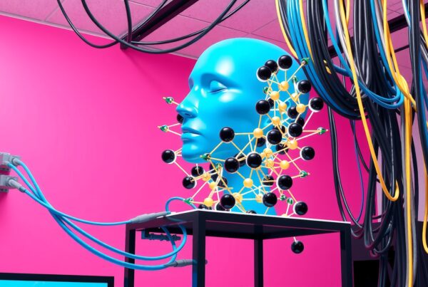 Futuristic blue head sculpture with cables on vibrant pink background.