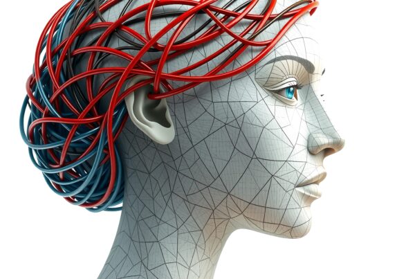 An artistic representation of a human head with intertwined cables and geometric patterns, symbolizing the intersection of technology and humanity.
