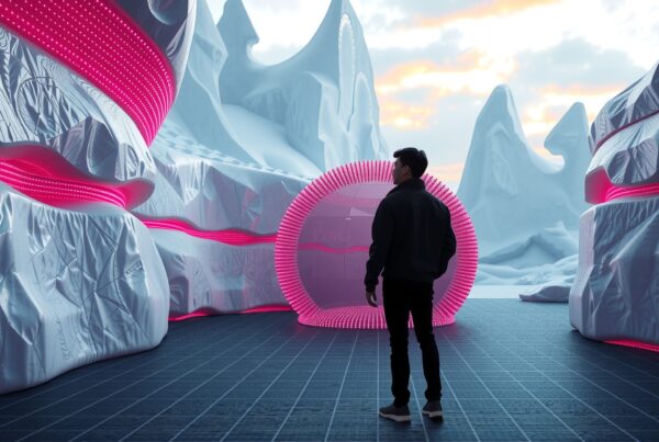 Person in futuristic icy landscape with neon pink lights and glowing circular architecture at sunset.