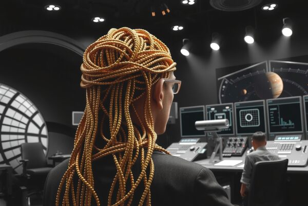 A person with golden braided hair in a futuristic control room with planetary screens and data displays.
