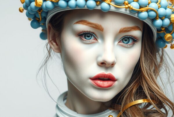 A woman with a detailed blue and gold headpiece, striking features, and a serene expression.