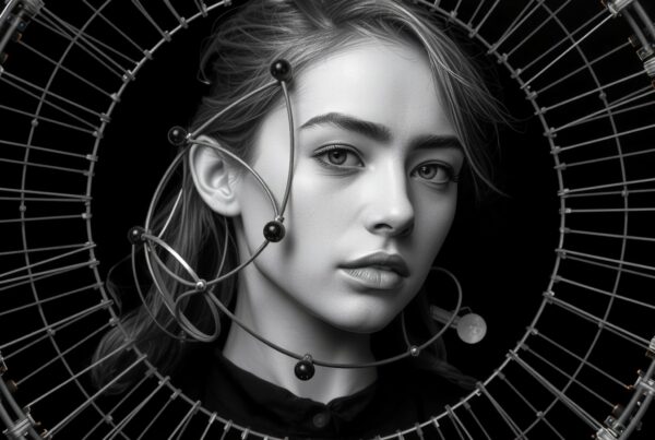 Monochromatic portrait of a woman surrounded by intricate metallic rings against a black background, highlighting futuristic elegance and serene expression.