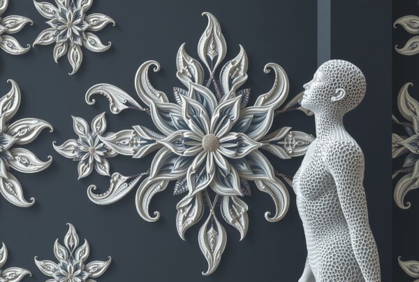 A human figure with a lattice-like surface stands amidst ornate floral patterns.