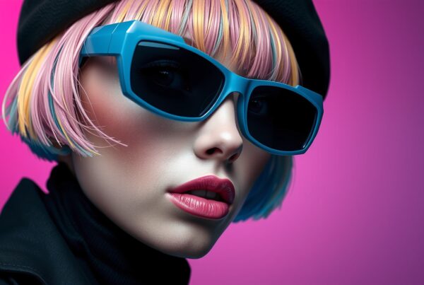 Vibrant portrait of person with colorful hair and sunglasses.