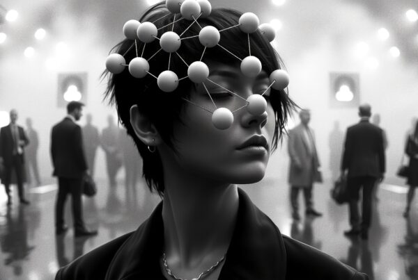 Black and white photo of a woman wearing a spherical molecular headpiece amid a blurred crowd scene.