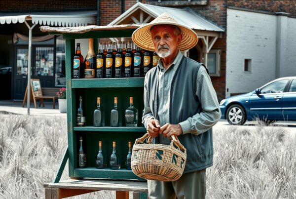 Elderly man with wine cart in town.