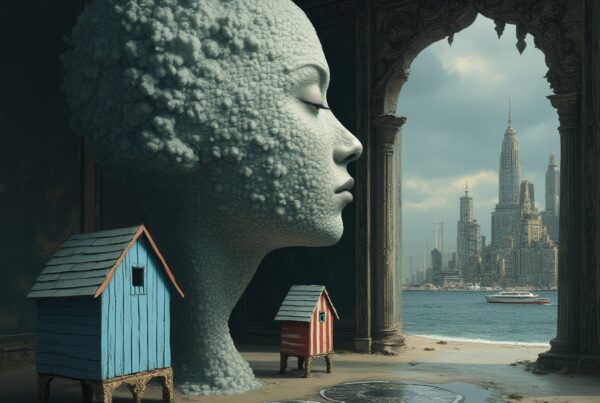 A surreal composition featuring a textured head sculpture, whimsical houses, and a distant cityscape in an ornate room.