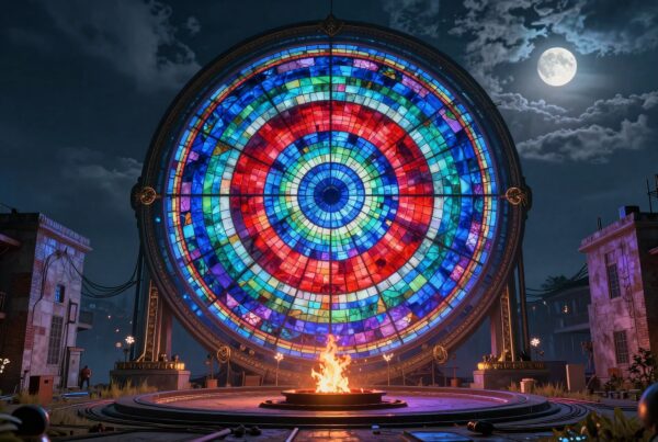 Vibrant stained-glass window with fire pit.