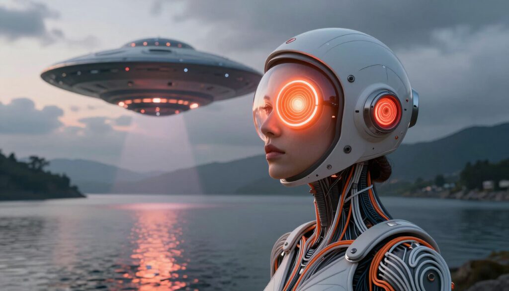 Cybernetic Robot Observing UFO Over Lake at Twilight