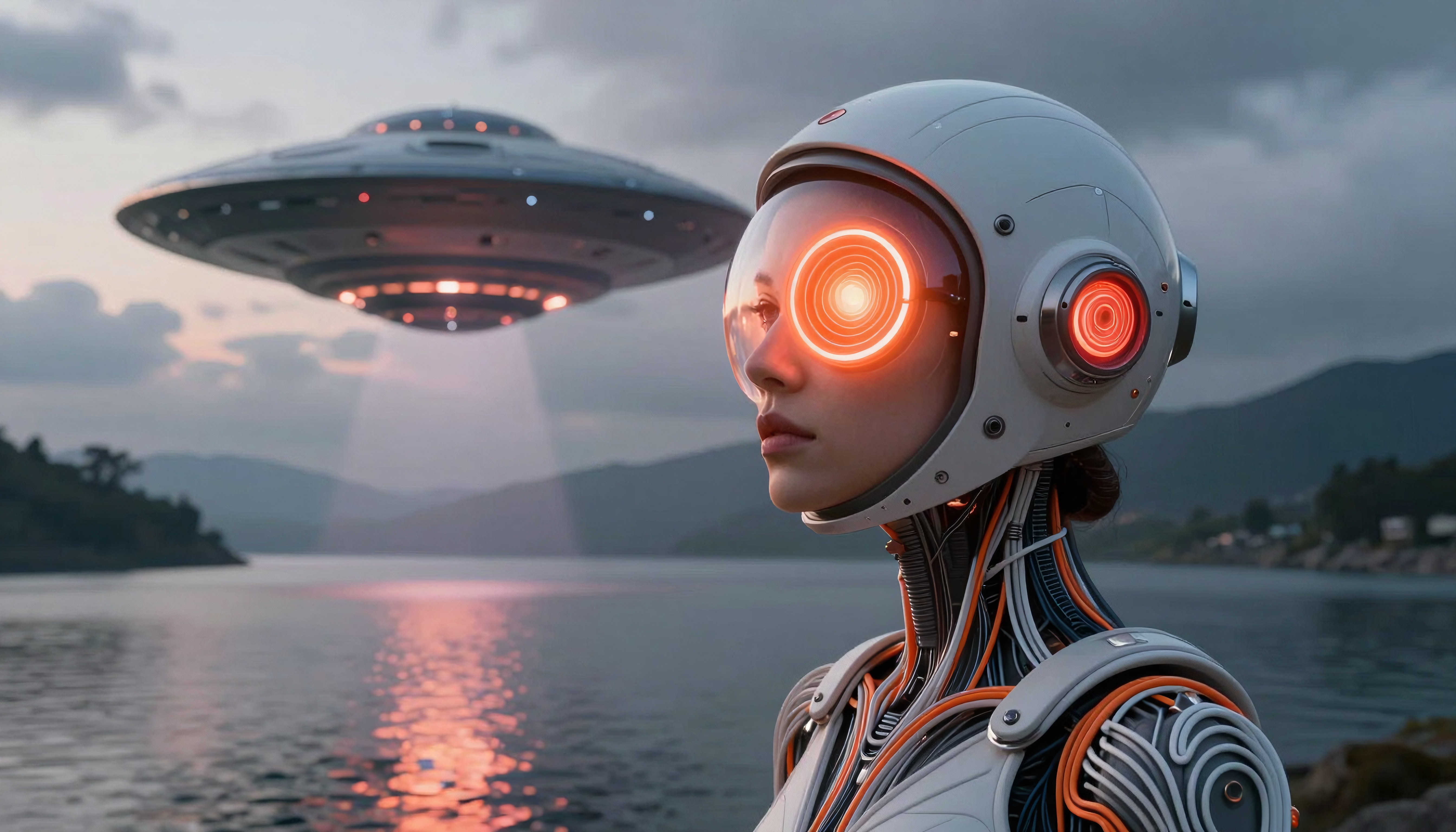 Cybernetic Robot Observing UFO Over Lake