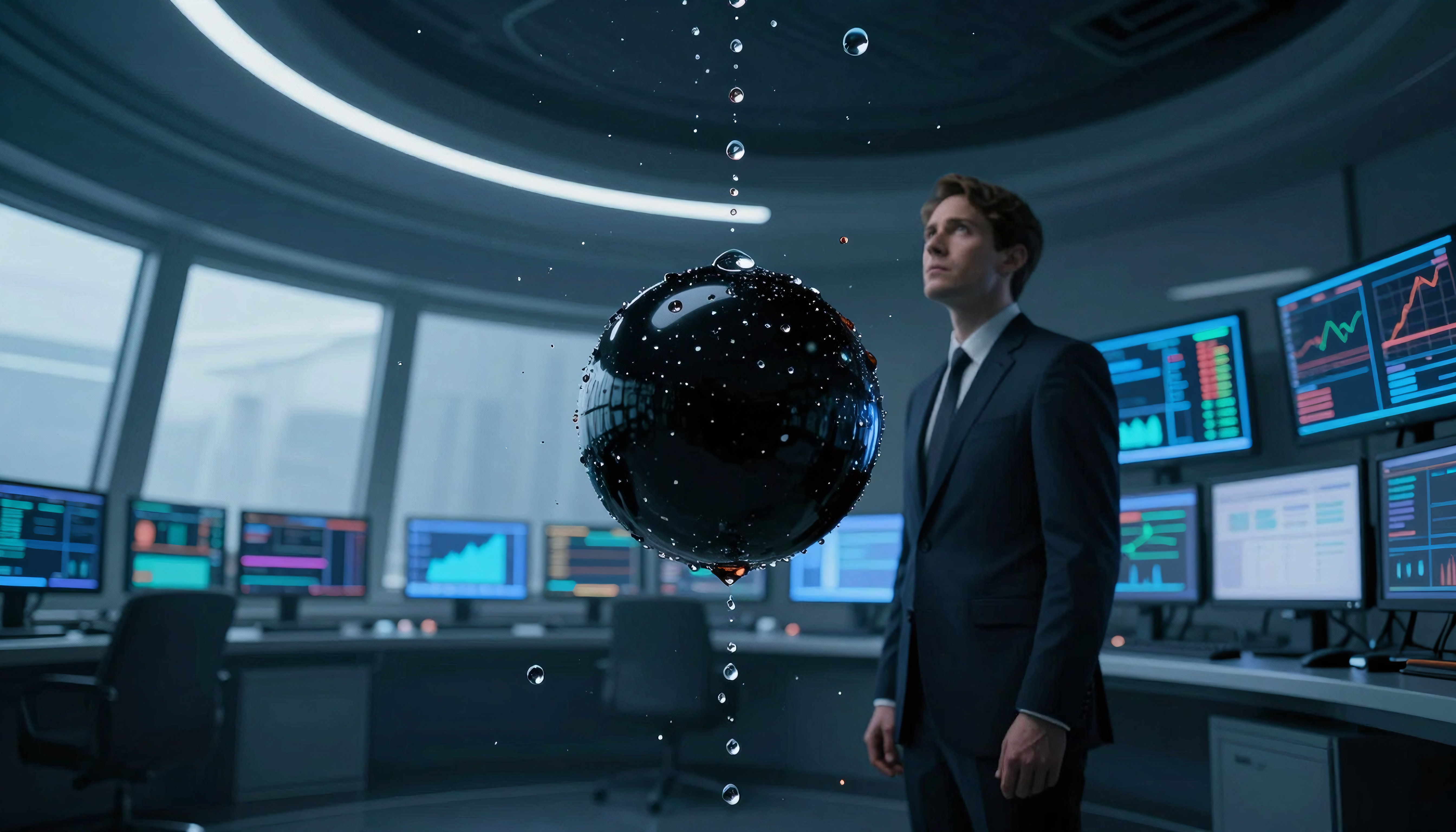 Executive Observes Floating Digital Globe