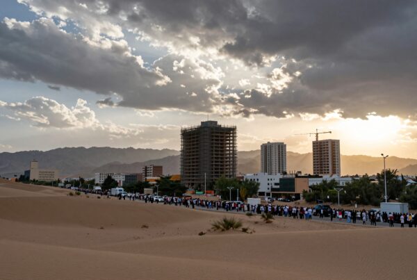 A large group lines up in a desert city during sunset, under a dramatic cloud-filled sky.
