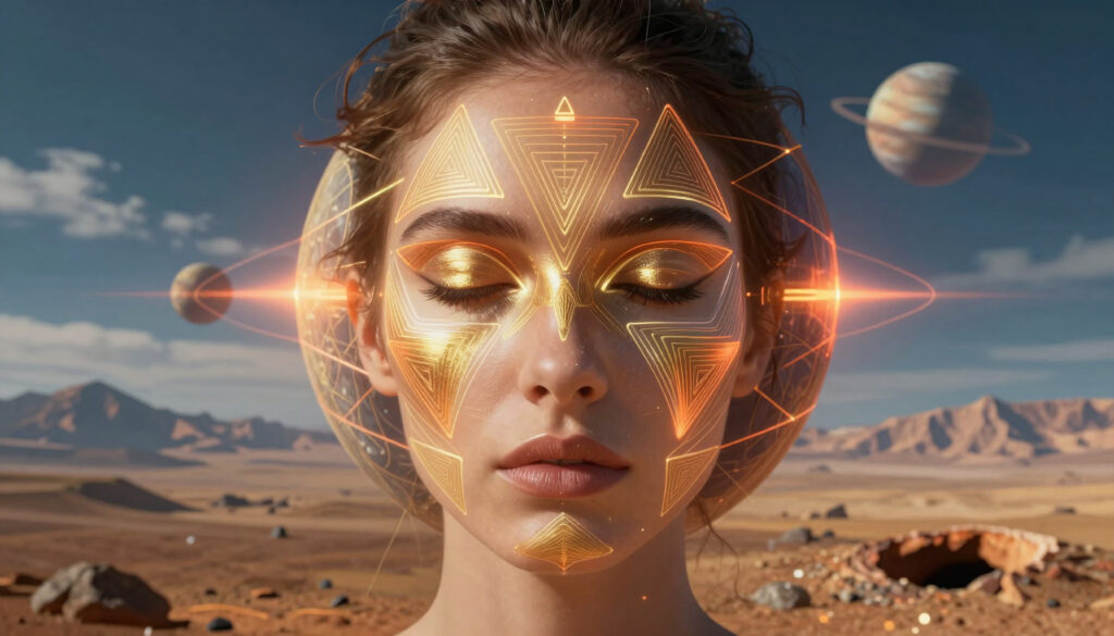 Geometric Light Patterns on Face Over Desert with Planets