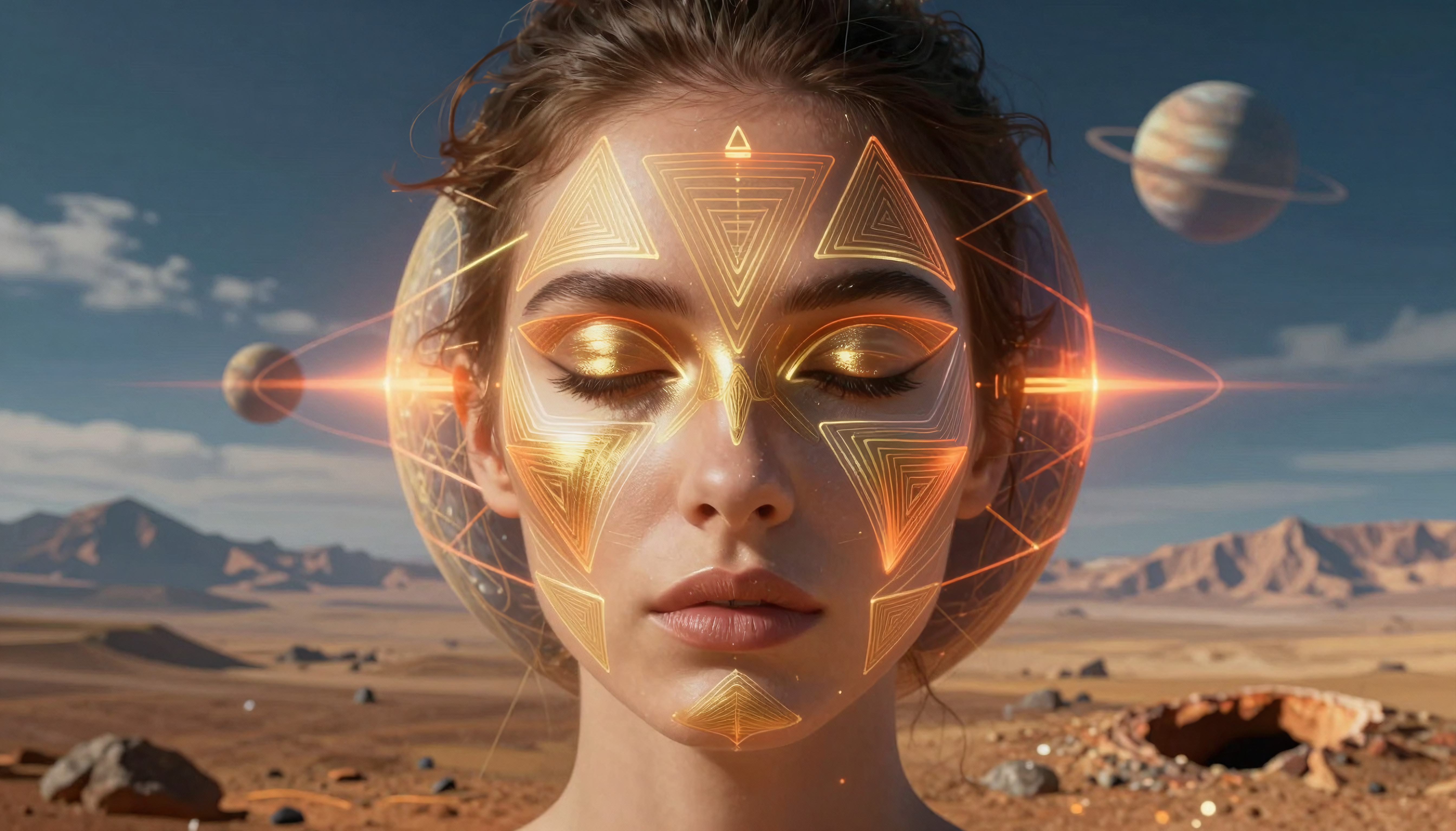Geometric Light Patterns on Face in Desert