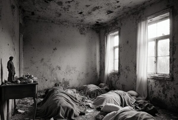 A decaying, abandoned room with peeling paint, mold, and mysterious forms, creating a haunting atmosphere.