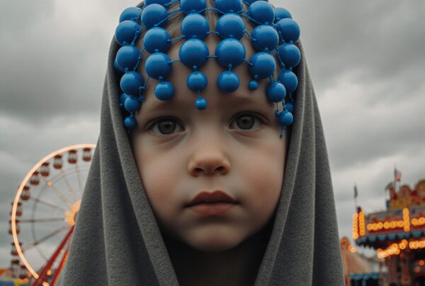 A child in beads at a carnival with Ferris wheel backdrop.