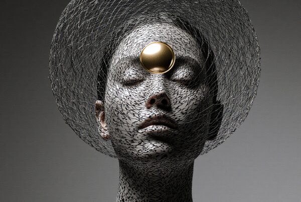 A woman with intricate mesh lines and a golden orb on her forehead, evoking a futuristic and serene aesthetic.