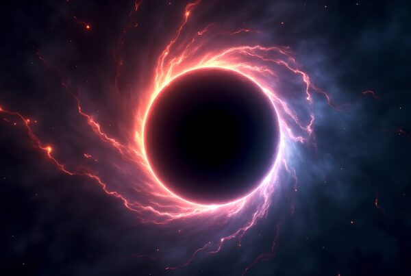 A glowing cosmic black hole surrounded by vibrant plasma in deep space.