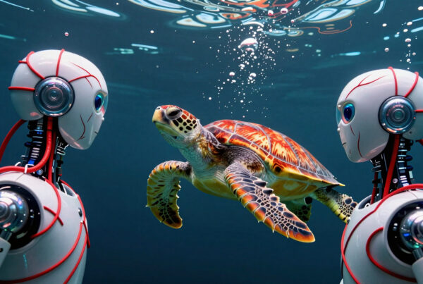 Two futuristic robots observe a colorful sea turtle swimming peacefully underwater near rising air bubbles