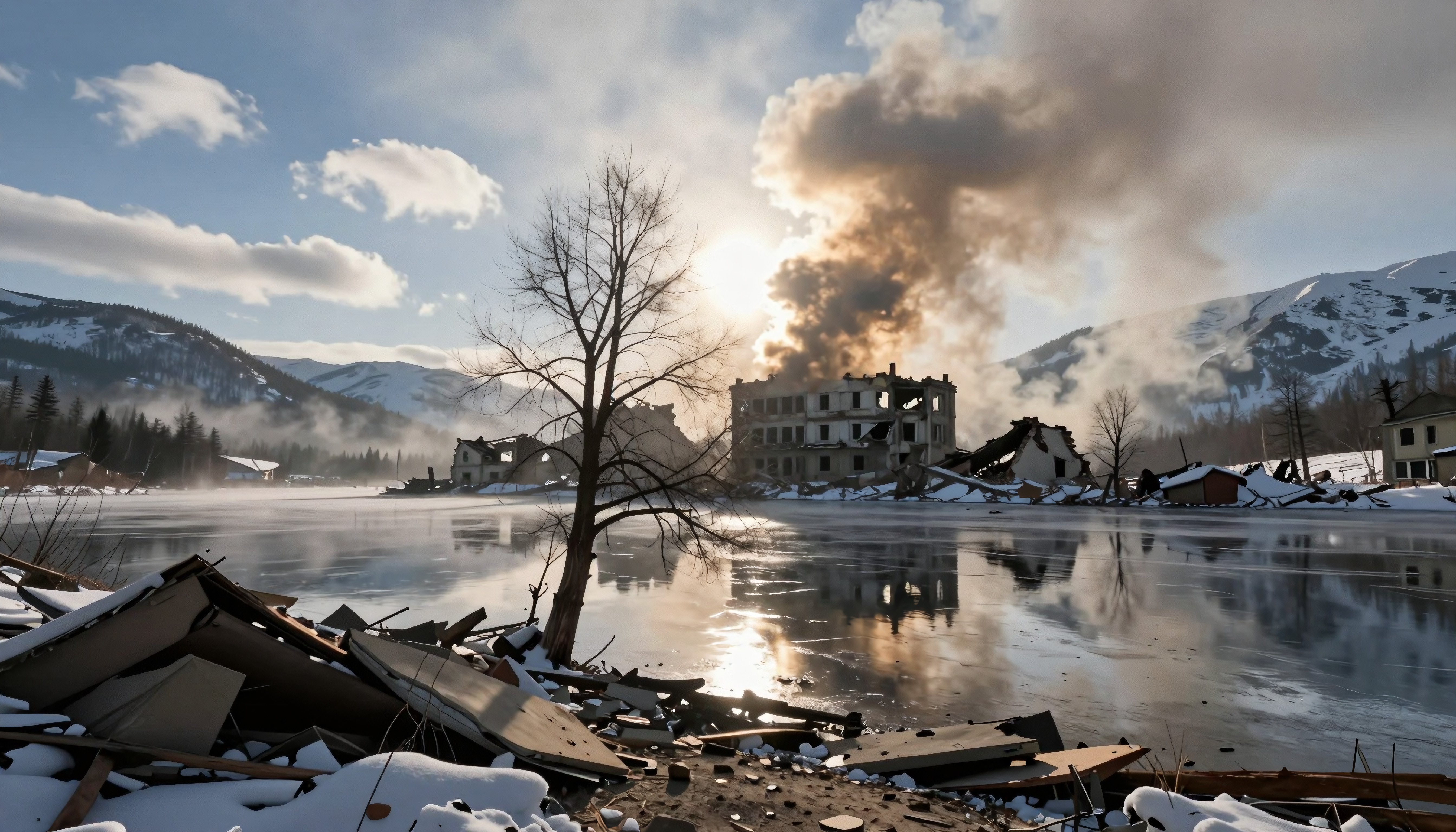 Snowy Ruins of Abandoned Village Near Frozen Lake
